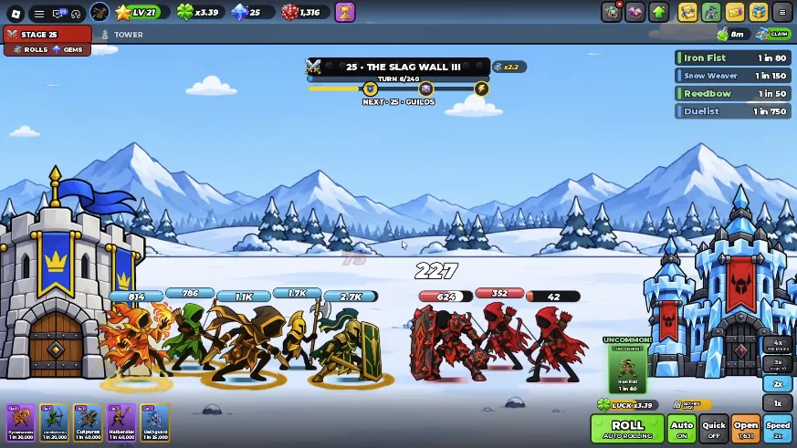 Roll A Stickman battle footage with two armies, health bars, stage progress and rolling controls.