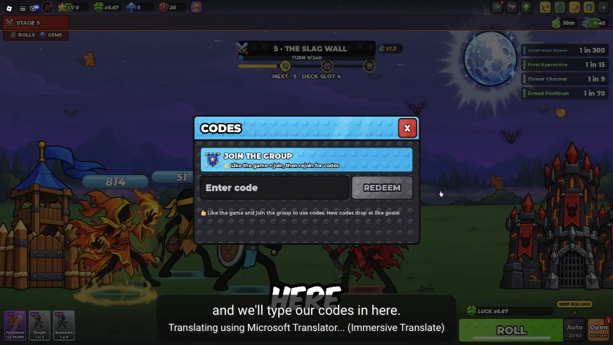 The recorded Roll A Stickman Codes panel with an Enter code field, Redeem button and community prompt.