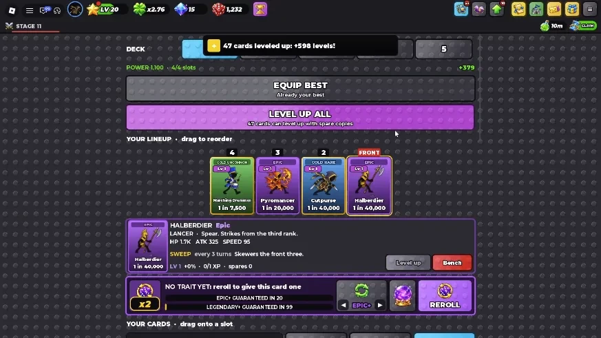 Roll A Stickman’s recorded deck panel with four lineup slots and a selected card’s level, attributes and skill text.