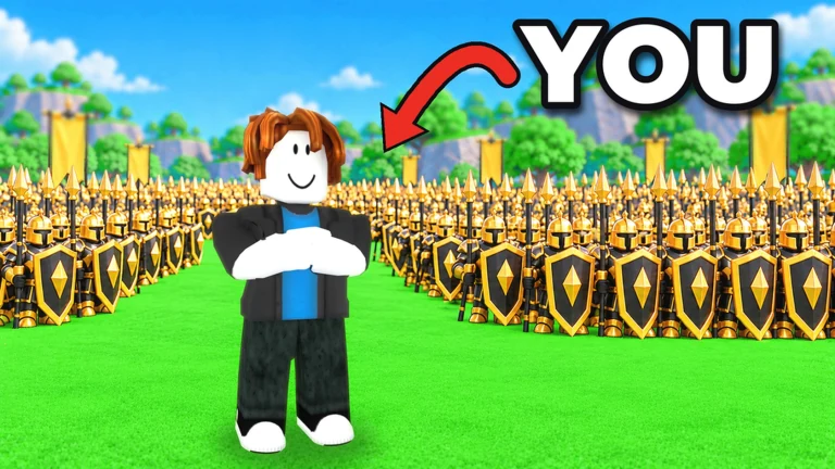 Official Roll A Stickman artwork showing a Roblox player standing in front of a black-and-gold stickman army.