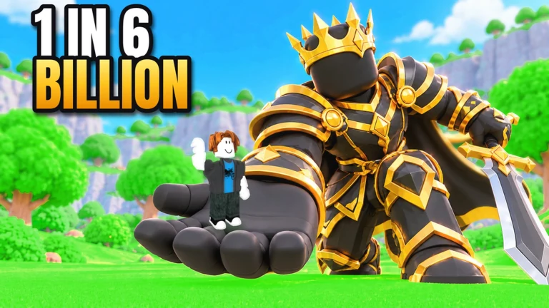Official Roll A Stickman promotional artwork of a crowned black-and-gold stickman holding a Roblox player.