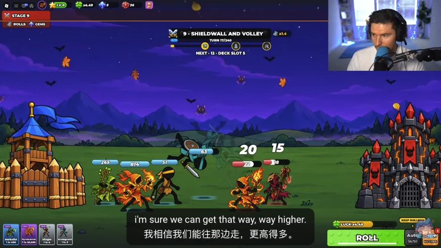 RussoPlays’ Roll A Stickman gameplay with an army fighting at stage 9 and the Roll controls visible.