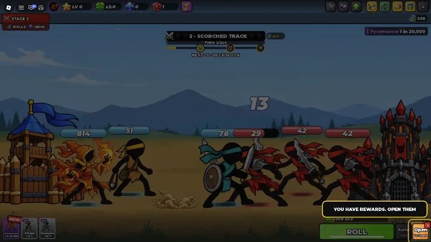 An opening Roll A Stickman tutorial prompt highlights Open beside Roll at the bottom right.